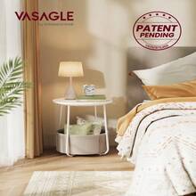 Mesa Auxiliar, Mesa Lateral Redonda con Cesta de Tela, Mesita de Noche, Estilo Moderno, Blanco Nube y Beige Natural MLET223W10 - Redondablanco - Ver 4