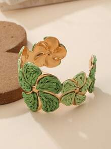 1 pieza Brazalete de flores de ratán estilo vacaciones, brazalete de flores de metal de color contrastante, accesorio de nicho para vacaciones en la playa, fiestas de verano, reuniones con amigos, uso diario, estilo retro - Verde - Ver 9