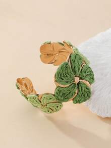 1 pieza Brazalete de flores de ratán estilo vacaciones, brazalete de flores de metal de color contrastante, accesorio de nicho para vacaciones en la playa, fiestas de verano, reuniones con amigos, uso diario, estilo retro - Verde - Ver 3