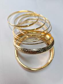 RINTOLER 9件套独特几何镂空编织手镯套装，复古铁艺手镯，适合女性日常穿搭，可作女友礼物，手镯直径6.5厘米（均码。购买前请确认产品尺寸是否合适。） - ZJ11241-9件金色鑲鑽手鐲 - 查看 5