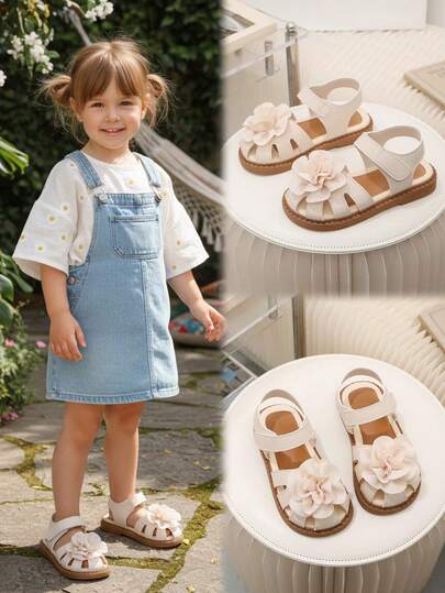Mẫu sandal đế bằng màu be mới về cho bé gái, thích hợp cho mùa xuân và hè, họa tiết hoa 3D, mũi kín, chống trượt, có khóa dán, lý tưởng cho trường học, nhà trẻ, bãi biển và tiệc tùng.