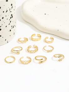 10件套波西米亚海滩度假风金属镂空几何线条心形雕刻脚趾戒指套装 - 金色 - 查看 2