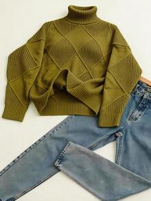 Suéter de cuello alto casual de talla grande para mujer, otoño/invierno - Verde Oliva - Ver 4