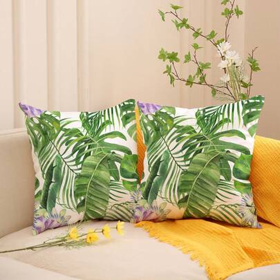1pc/2pcs Green Leaf & Flower Polyester Pillow Cover, Palm Leaf Sofa Cushion Cover, Soft Home Decor Pillow Sham For Living Room, Bedroom, Sofa, Holiday Gifts (No Pillow Insert)