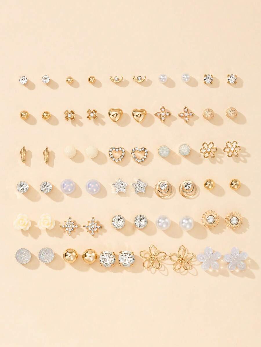 30 Pairs Assorted Flower, Star, Heart Shaped Non-Repeating Earrings Set, Minimalist Fashion Earring Studs Jewelry Gift Set For Women, Suitable For Outdoor, Travel, Casual Wear - Yellow Gold - View 1
