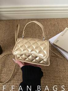 Túi đeo chéo nhỏ hình vuông họa tiết hình thoi thời trang mới năm 2026 dành cho nữ - Vàng - Xem 1