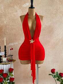 Party Dresses For Women Summer Outfits Red Dresses For Women Carnival Women Valentine Outfits For Women Ruffle Trim Backless Tie Neck Bodycon Mini Dress For Women - Đỏ - Xem 3