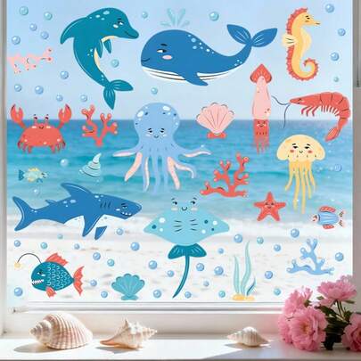 4pcs Summer Colorful Under The Sea Window Stickers, With Creative Ocean Animal Pattern Design Art Decals Window Cling For Living Room Office Bedroom Decorations, Ocean Theme, Peel And Stick, Removable Stickers, Single Use, DIY Decor, Seasonal Decor