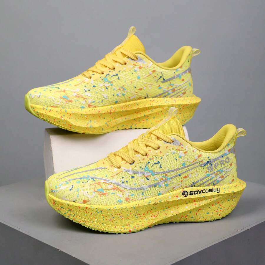 2026 Spring/Autumn New Marathon Running Shoes For Teenagers, Breathable Mesh, Carbon Plate, Shock Absorbing, Luminous, Fashionable Casual Lightweight Lace-Up Sneakers For Couples - Yellow - View 1