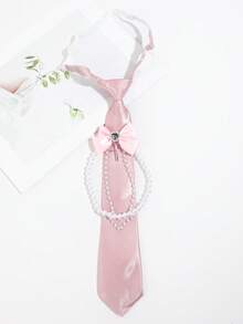 1pc Women's Fashion Bow Tie Cross Faux Pearl Chain Pink Simple Clip-On Tie, Suitable For Dates, Shopping, Parties, Daily Shirt Matching,Festival,Travel,Disco,Graduation Outfit - Multicolor - View 7