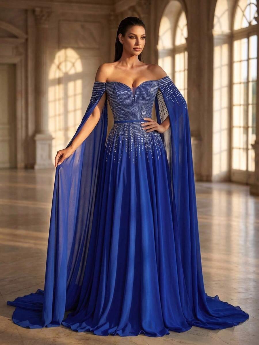 Women's Royal Blue Off-Shoulder Formal Evening Dress, Adorned With Sequins And Featuring Flowing Cape Sleeves Party Wedding Spring - Royal Blue - View 1