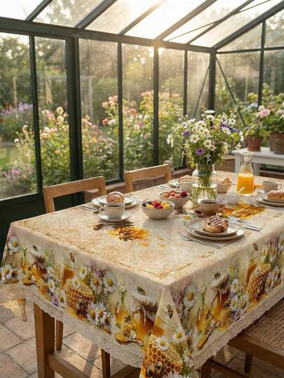1 Piece Vintage Honey Bee Daisy Honeycomb Print Round & Rectangle Tablecloth, Rustic Farmhouse Country Style Premium Polyester Waterproof Stain Resistant Oil-Proof Dust-Proof Washable Reusable Spring Summer Tablecloth For Home Decor, Kitchen Wedding, Wedding Table, Centrepiece Room Decor, Vintage Decor, Spring Summer Garden Tea Party, Outdoor Patio Picnic, Harvest Festival, Family BBQ, Balcony Sunroom Dining Room Decor
