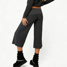 Women's Striped Fold Over Waist Capri Pants, High Waist Wide Leg Cropped Casual Pants, Y2K Retro Comfy Loungewear Daily Streetwear Bottoms For Ladies - 灰色 - 查看 4