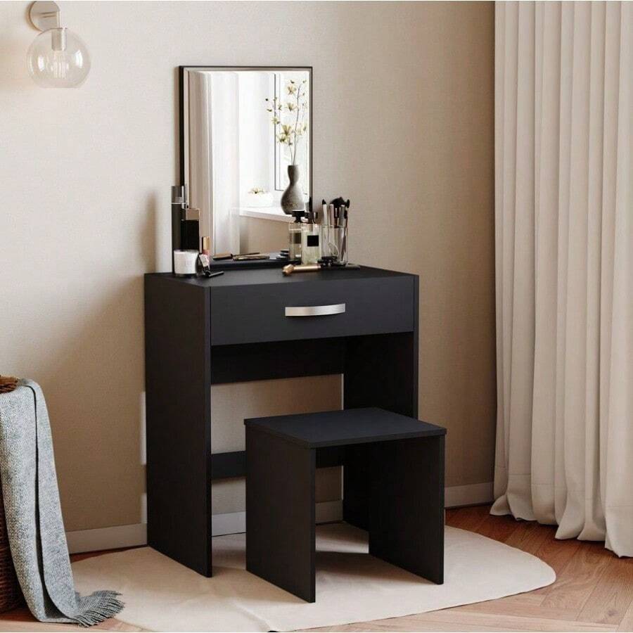 Dressing Table With Mirror And Stool, Dressing Table With 1 Drawer Storage And Built-In-Mirror Vanity Desk Easy Assembly Cosmetics Makeup Storage Organizer Bedroom Furniture - Black - View 1