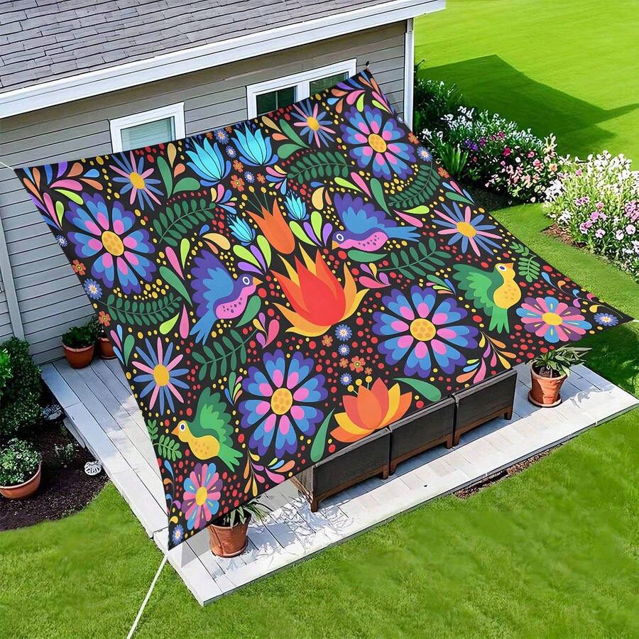 Toldo rectangular de lona con estampado floral mexicano multicolor, toldo solar impermeable para exteriores para patio, jardín, balcón - A - Ver 1