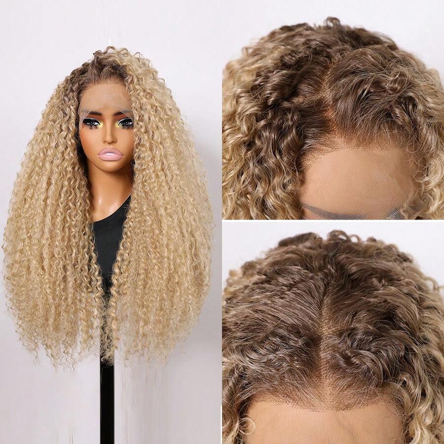 Tóc giả xoăn bồng bềnh màu nâu ombre vàng bạch kim, chất liệu sợi tổng hợp chịu nhiệt, kiểu dáng lace front, dành cho nữ. - Hai tông màu - Xem 1