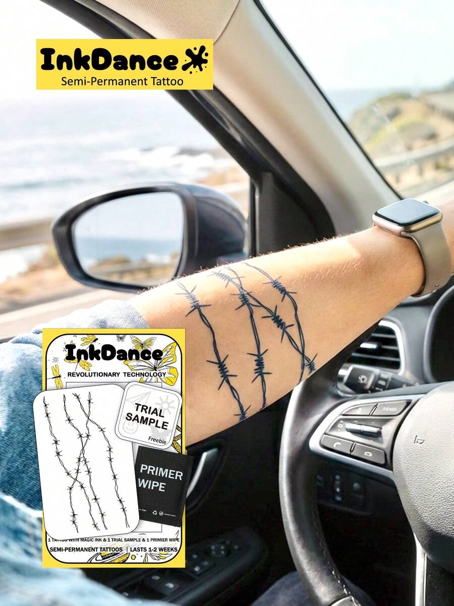 1 Kit Tatuagens Temporárias de Arame Farpado com Tecnologia Revolucionária, Tatuagem Masculina, Braçadeira, Tatuagens Semipermanentes, Cavaleiro Oco, Tatuagens Temporárias, Duradouras, Tatuagens Falsas, À Prova d'Água, Aparência de Tatuagem Autêntica, À Base de Plantas, Coisas de Menina, Y2K SH135 - Preto - Visão 1