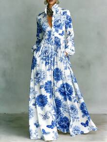 2026 European And American French-Style Slim-Fit Long-Sleeve Printed Dress, Elegant Retro Casual Dress, Holiday-Style Women's Clothing - Màu xanh lam - Xem 12