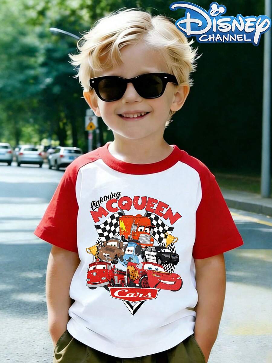 Disney Children's Color-Block White And Red Top, Summer Casual Multi-Functional 'Cars' Lightning McQueen Emblem T-Shirt, Breathable, Suitable For Boys And Girls - 白色拼紅色 - 查看 1