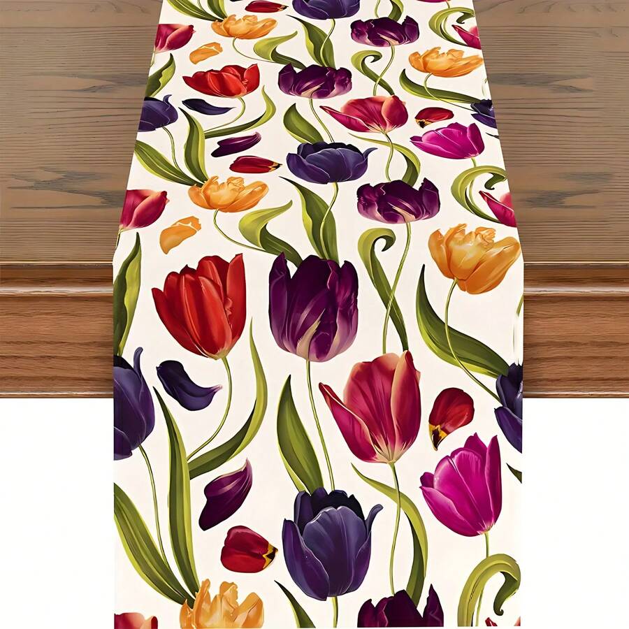 1 chiếc khăn trải bàn hình hoa tulip mùa xuân, trang trí tiệc mùa xuân, trang trí nhà cửa, nhà bếp, bàn ăn - 13x35.4/47.2/63/72/78.7 inch - Màu đỏ tím - Xem 1