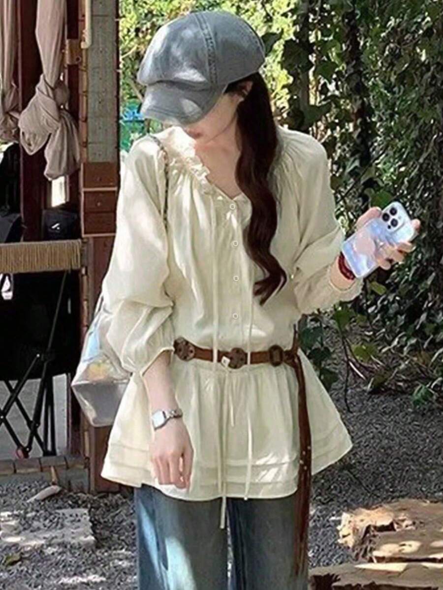 法式复古荷叶边长袖防晒上衣 春季 - 杏色 - 查看 1