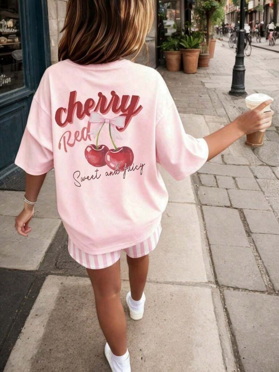 1pc Casual Art Print Crew Neck Short Sleeve T-Shirt For Tween Girls, Summer Student Youth Apparel - Inspires Imagination & Self-Expression - Pink - View 1