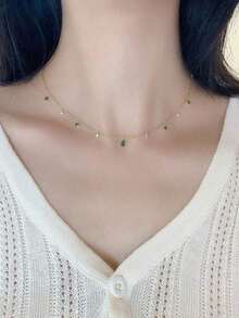 1pc Sparkling Green Zirconia Stone Necklace, Fashionable & Luxurious Unique Niche Design Delicate Clavicle Chain, Versatile For Daily Wear, Party And Gathering   Shop Thoughtful Gifts For Mom This Mother - Vàng - Xem 2