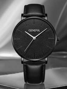 4件套男士时尚黑色PU皮手表，简约风格，商务简约石英表，黑色编织表带，适合日常佩戴，节日礼物 - 黑色 - 查看 2