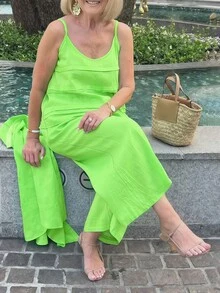 Plus Size Women's Summer Outfit, Casual Vacation Fresh Green Short Sleeve Shacket + Pleated Camisole + Wide Leg Pants Casual Suit, Ladies' Country Style Clothing Elegant - Green - View 4