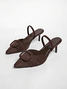 Women's Velvet Effect Embellished Pointed Toe High Heels,Kitten Heels - Coffee Brown - View 6