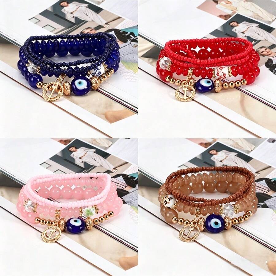 Set de 4 piezas de pulsera estilo bohemio con colgante de ojo de demonio de ancla, multicapa, con perlas de porcelana y cuentas de vidrio, pulsera elástica, nuevo juego de joyas, regalo casual - Bohemia - Ver 1