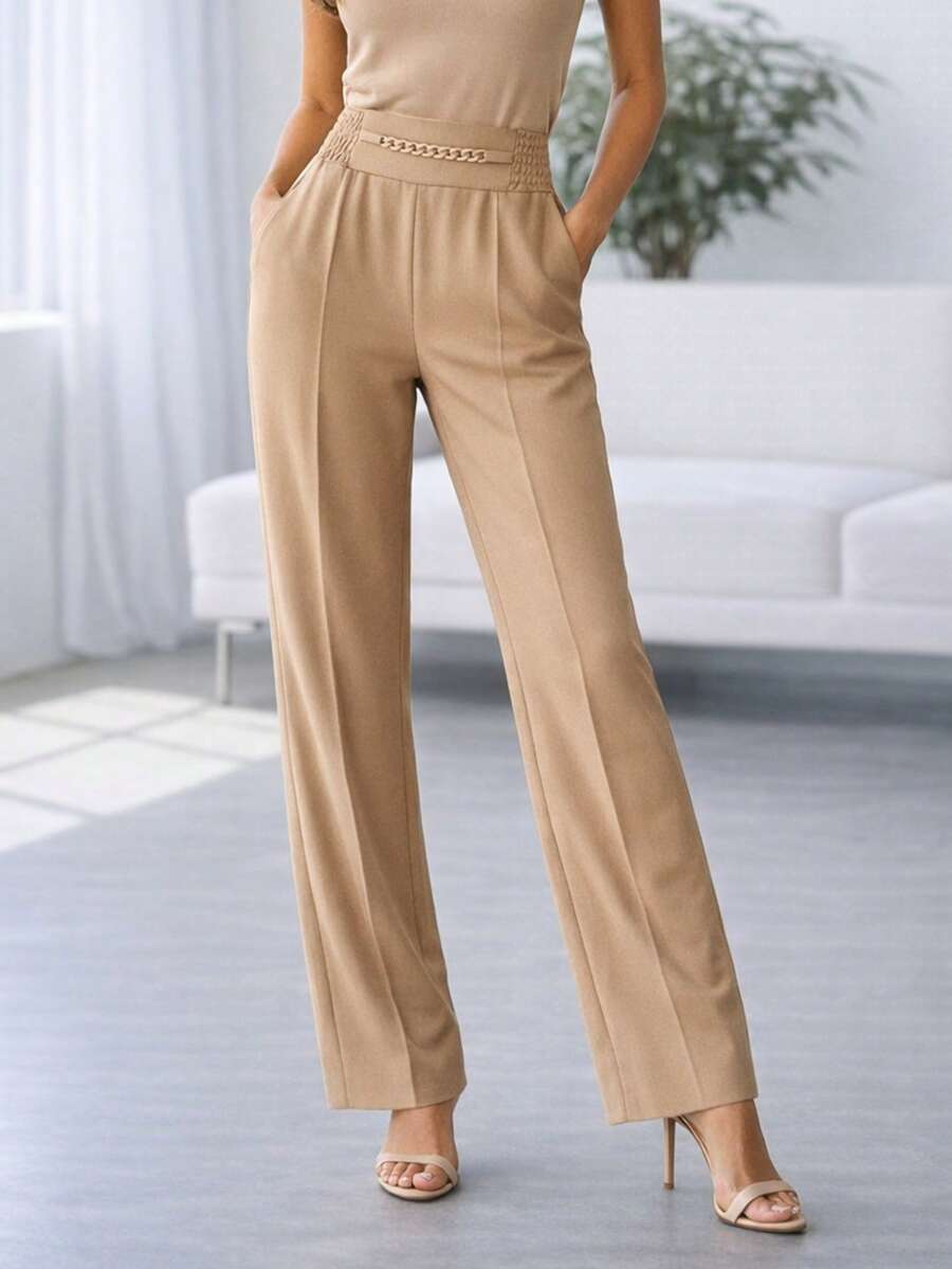 Women's High-Waisted Wide-Leg Pants With Gold Chain | Linen Style | S To L | New Release - Màu be - Xem 1