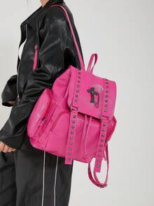 Y2K街头风铆钉翻盖双肩包，女士款；多功能时尚抽绳单肩包；多口袋轻便旅行包；大容量简约学生背包；适合学生、护士、教师、商务人士、旅行、通勤、购物、办公、约会、徒步、训练、工作等各种场合，也是生日礼物和节日礼物的理想之选。 - 彩色 - 查看 6