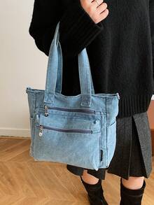 Túi tote jeans nhiều ngăn thời trang mới, túi đeo vai cỡ lớn đa năng dành cho nữ, túi đi học kiểu sinh viên, túi đeo chéo jeans cỡ trung, phù hợp cho đi làm, mua sắm, sử dụng hàng ngày và đi học, hoàn hảo cho phong cách cao bồi. - Màu xanh lam - Xem 6
