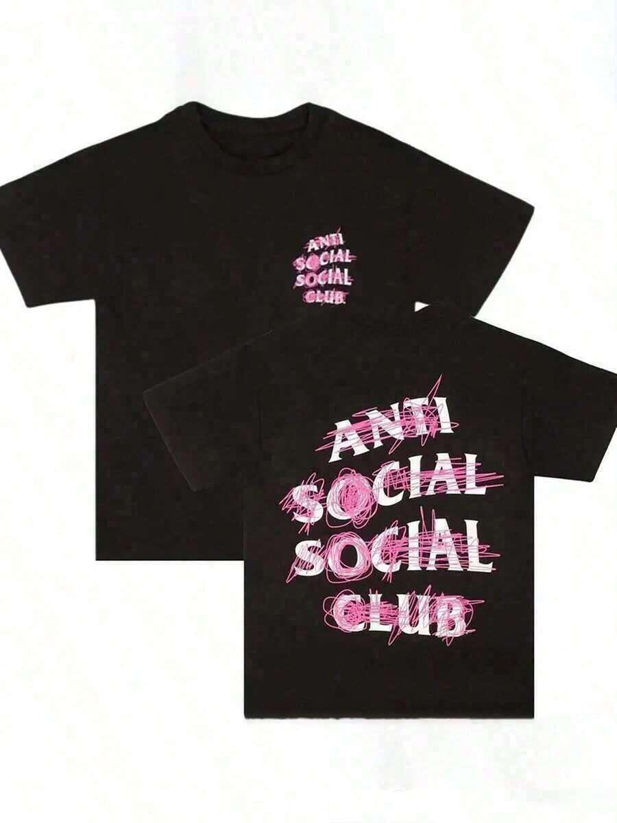 Double-Sided Printed, Anti Social Club Printed T-Shirt, Suitable For Daily Wear, Casual Summer Wear, Slightly Elastic, Breathable, Outdoor Holiday Sports, Gift T-Shirt, Holiday Gift, Perfect Gift. - 黑色 - 查看 1
