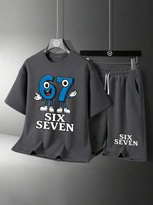 Bộ áo thun ngắn tay cổ tròn in hình hoạt hình dành cho bé trai tuổi teen và quần short. - Màu xám đen - Xem 2
