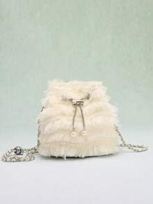 SCULPTEDSTYLE BAGS 1pc Summer Fresh Mesh Tassel Ruffle Bucket Bag, Fashion Chain Pearl Drawstring Shoulder Crossbody Bag, Gentle Sweet Style Suitable For Wedding Season Bridesmaid, Shopping, Date, Afternoon Tea - Beige - View 3