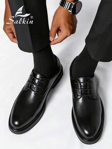 Salkin Giày Derby nam da thật buộc dây mũi tròn sang trọng cổ điển, giày tây lịch lãm cho công sở, đi làm, văn phòng, mặc thường ngày, đi học, sinh viên, màu đen, mềm mại, thoải mái, đế cao su chống trượt. - màu đen - Xem 7