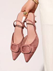 Women's Velvet Effect Embellished Pointed Toe High Heels,Kitten Heels - Pink - View 7