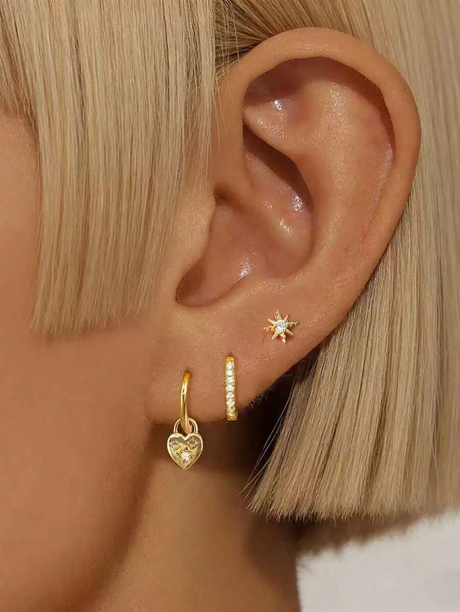 3PCS 18K Gold Plated Retro Heart Shape Pendant Hoop Earrings Set Elegant Zirconia Star Ear Stud For Women Fashion Jewelry Party Gift - 1-gold-3pcs - View 1