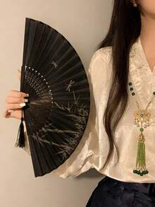 1pc Vintage Chinese Ink Painting Bamboo Folding Fan, Suitable For Hanfu, Cheongsam, Carry-On Chinese Style Accessories - Bamboo Pattern - View 4