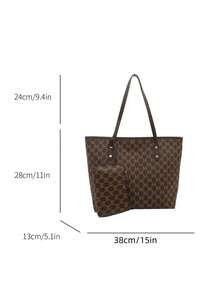 Mala tote de grande capacidade com estampa de letras, abertura com fecho de correr, leve e de estilo minimalista, mala de ombro com acessórios de ferragens metálicas. - Café - Ver 7