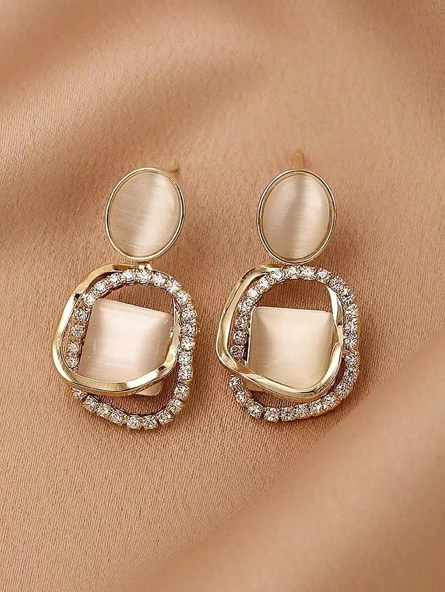 Rhinestone Decor Drop Earrings - Yellow Gold - View 1
