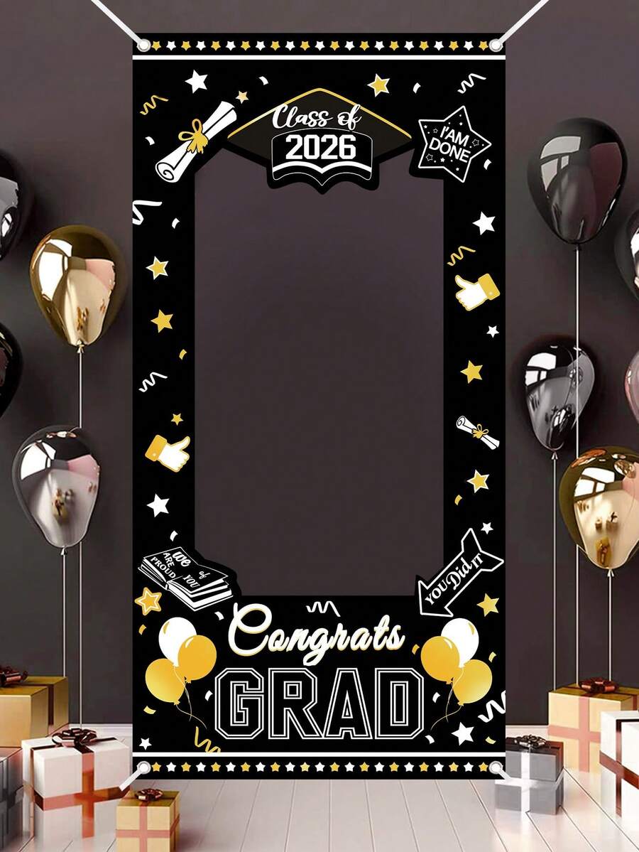 1 pieza Marco de foto de fondo para graduación 2026, marco de cabina fotográfica impreso con lema "Felicitaciones graduado" de 120x60cm, fondo de foto de poliéster negro y dorado, adecuado para suministros de fiesta de graduación de la clase de 2026, plano 2D - Multicolor - Ver 1