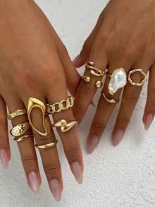 12件/套创意时尚多元素镂空几何液态抽象水滴形开口戒指，复古波西米亚巴洛克风格仿珍珠装饰戒指套装，女士时尚首饰套装，适合日常佩戴、海滩度假和各种派对场合。[部分戒指为开口式但不可调节，请勿用力弯曲，否则会断裂，尺寸已标记] 珍珠颜色随机 - 金色 - 查看 2