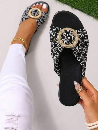 Women's Designer Printed Gold Buckle Slide Sandals, 2026 Summer New Letter Slippers, Casual Comfortable Fashion, Essential Daily Wear Shoes