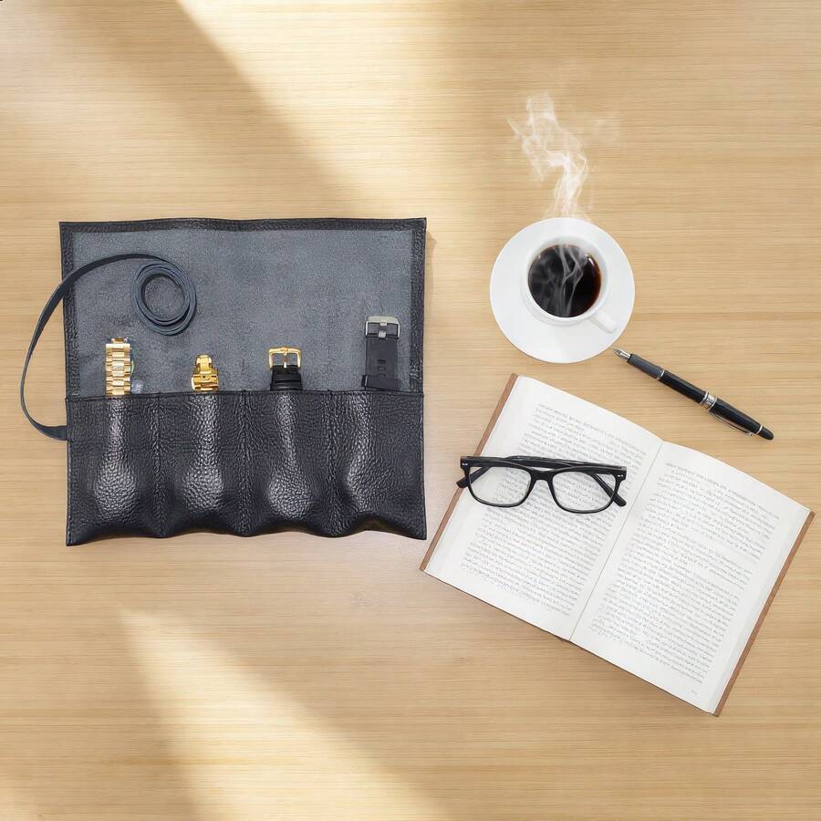 1-Pack 4-Slot Watch Roll, Easy To Store & Organize Your Watches, Year-Round Use, Your Go-To Travel Essentials - Navy Blue - View 1