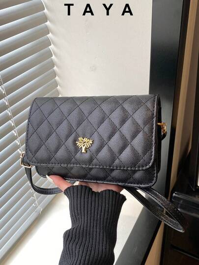 Women's Elegant Black Quilted Crossbody Bag, Gold Tree-Shaped Metal Decor Flap Shoulder Bag, Mini PU Leather Chain Clutch Purse, Versatile For Daily Commute, Shopping And Dating, Fashionable Ladies Accessory