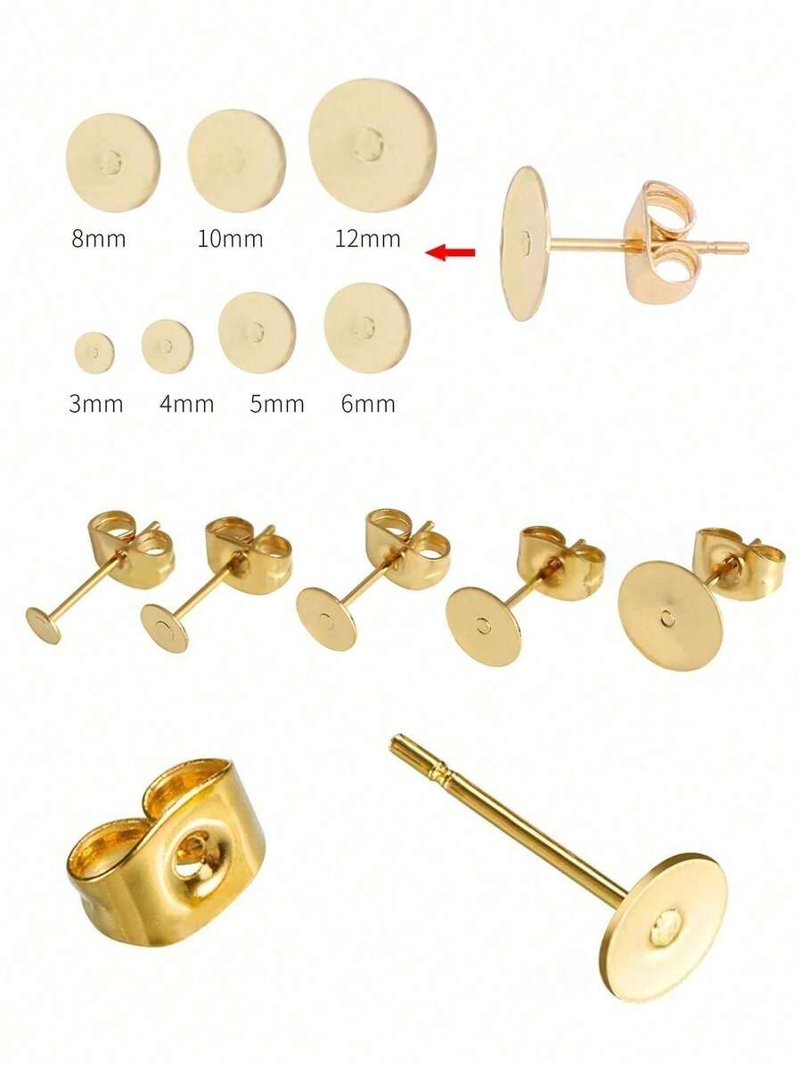 20 Sets/Pack Gold Stainless Steel Flat Pad Earring Studs Set Flat Pad Earring Posts With Stainless Steel Earring Backs Hypoallergenic DIY Earrings - Yellow Gold - View 1