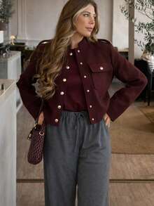 Vintage Button-Down Jacket, Women's Fashion, Winter, Long Sleeve, Spring, Casual, Elegant - Burgundy - View 2